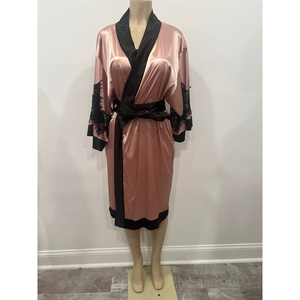 Womens Satin Robe Lace‎ Satin Lace Trim Womens Medium Pink Black Kimono Luxe